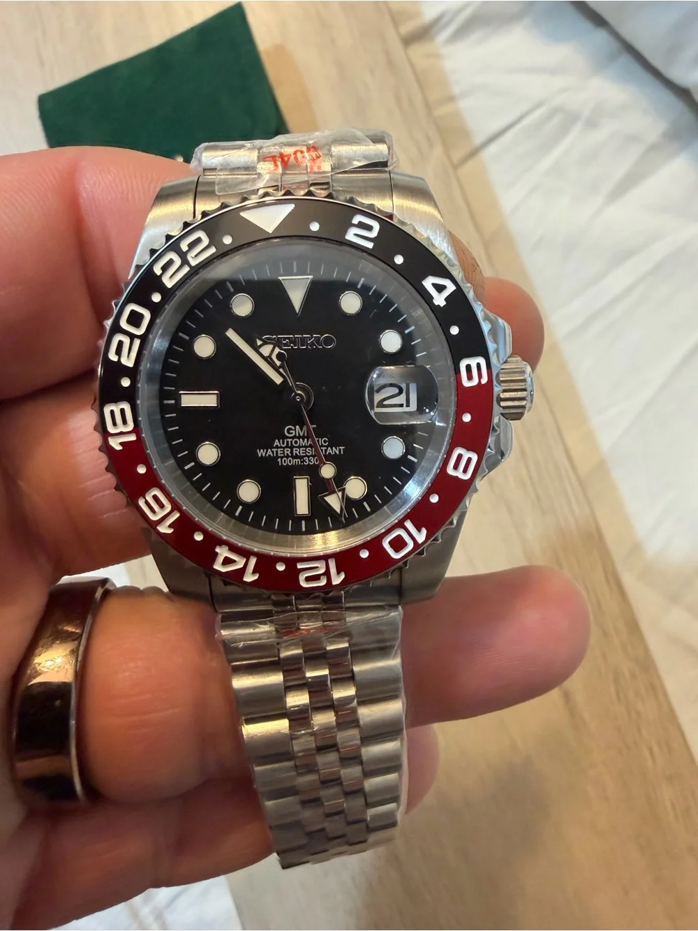Seiko mod Men's Stainless Steel GMT Watch with Black and Red Bezel